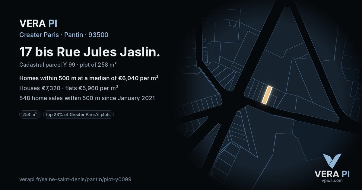 17 bis Rue Jules Jaslin, Pantin at night – the plot lit, the parcels around coloured by the prices near them