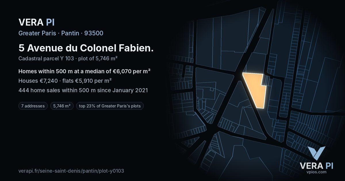 5 Avenue du Colonel Fabien, Pantin at night – the plot lit, the parcels around coloured by the prices near them