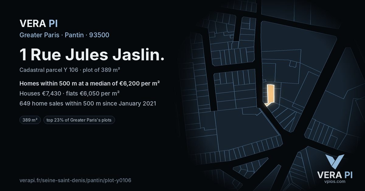 1 Rue Jules Jaslin, Pantin at night – the plot lit, the parcels around coloured by the prices near them