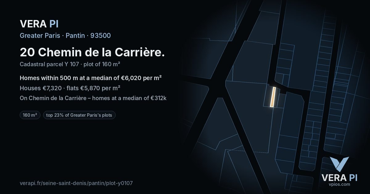 20 Chemin de la Carrière, Pantin at night – the plot lit, the parcels around coloured by the prices near them