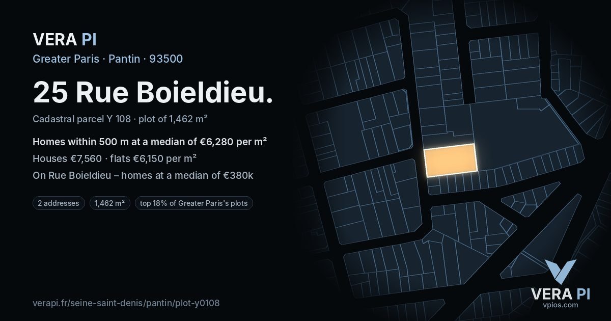 25 Rue Boieldieu, Pantin at night – the plot lit, the parcels around coloured by the prices near them