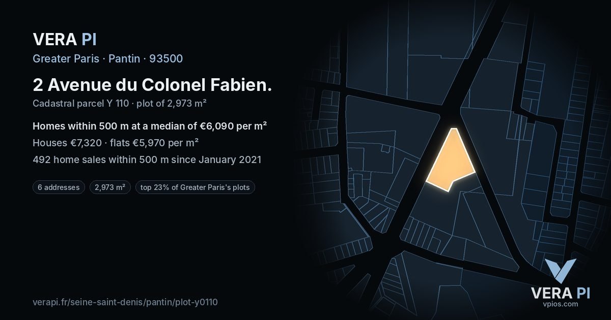 2 Avenue du Colonel Fabien, Pantin at night – the plot lit, the parcels around coloured by the prices near them
