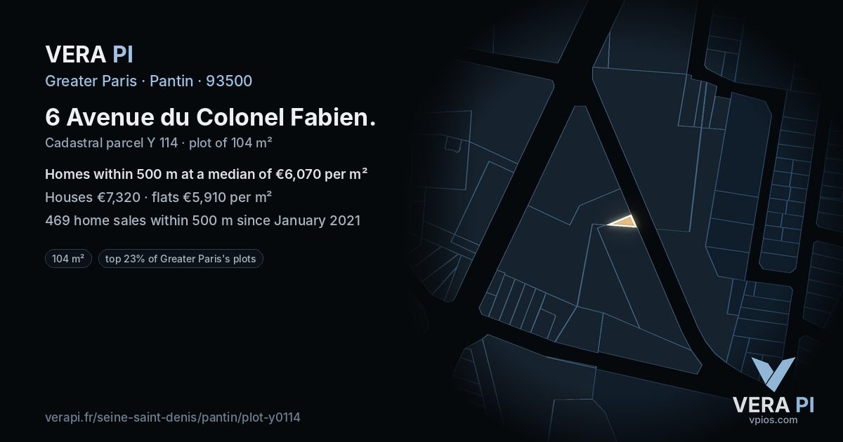 6 Avenue du Colonel Fabien, Pantin at night – the plot lit, the parcels around coloured by the prices near them
