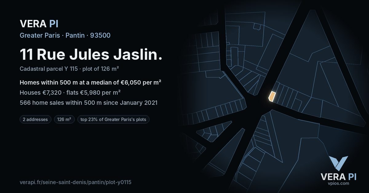 11 Rue Jules Jaslin, Pantin at night – the plot lit, the parcels around coloured by the prices near them