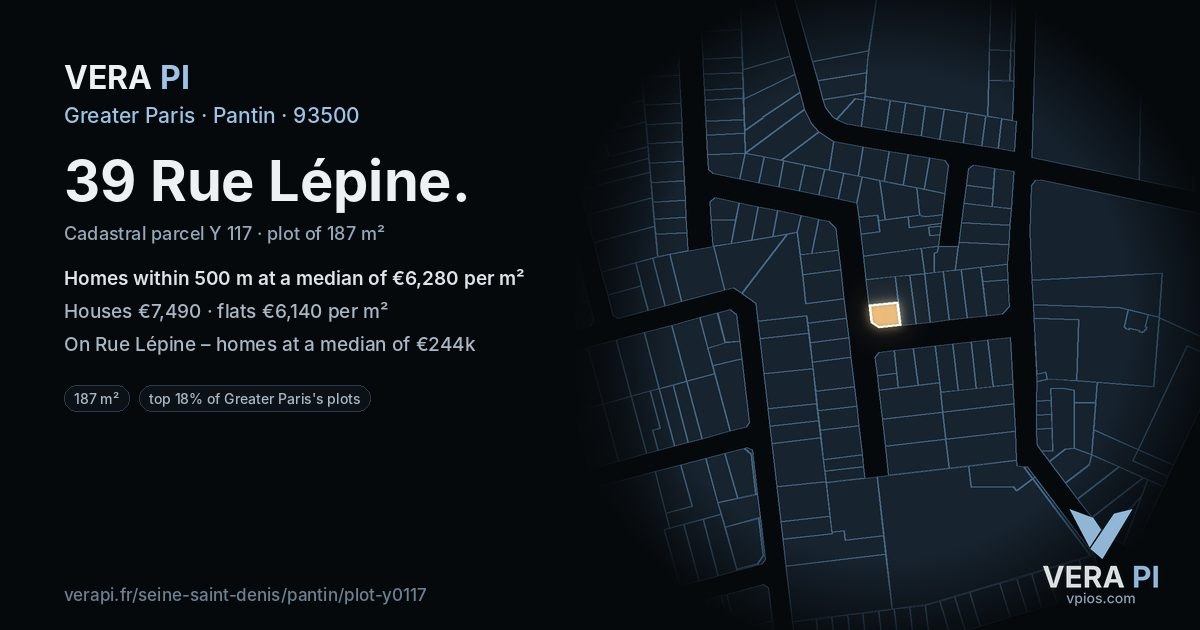 39 Rue Lépine, Pantin at night – the plot lit, the parcels around coloured by the prices near them
