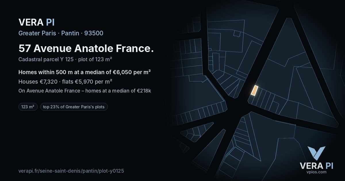 57 Avenue Anatole France, Pantin at night – the plot lit, the parcels around coloured by the prices near them