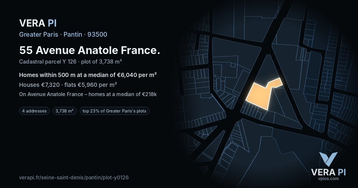 55 Avenue Anatole France, Pantin at night – the plot lit, the parcels around coloured by the prices near them