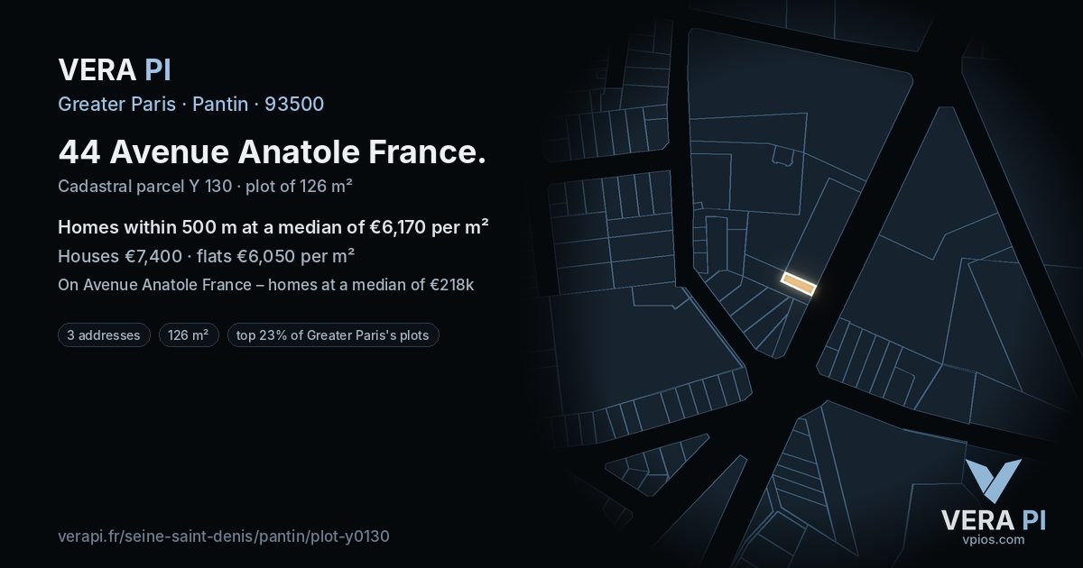 44 Avenue Anatole France, Pantin at night – the plot lit, the parcels around coloured by the prices near them