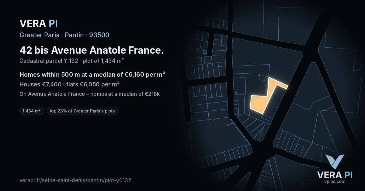42 bis Avenue Anatole France, Pantin at night – the plot lit, the parcels around coloured by the prices near them
