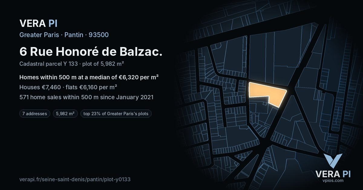 6 Rue Honoré de Balzac, Pantin at night – the plot lit, the parcels around coloured by the prices near them