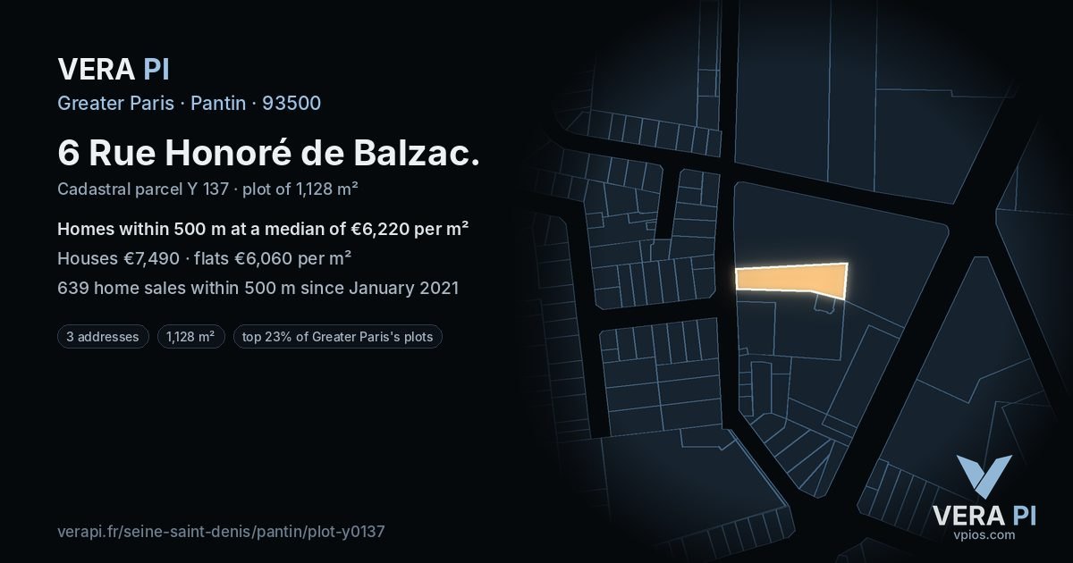 6 Rue Honoré de Balzac, Pantin at night – the plot lit, the parcels around coloured by the prices near them