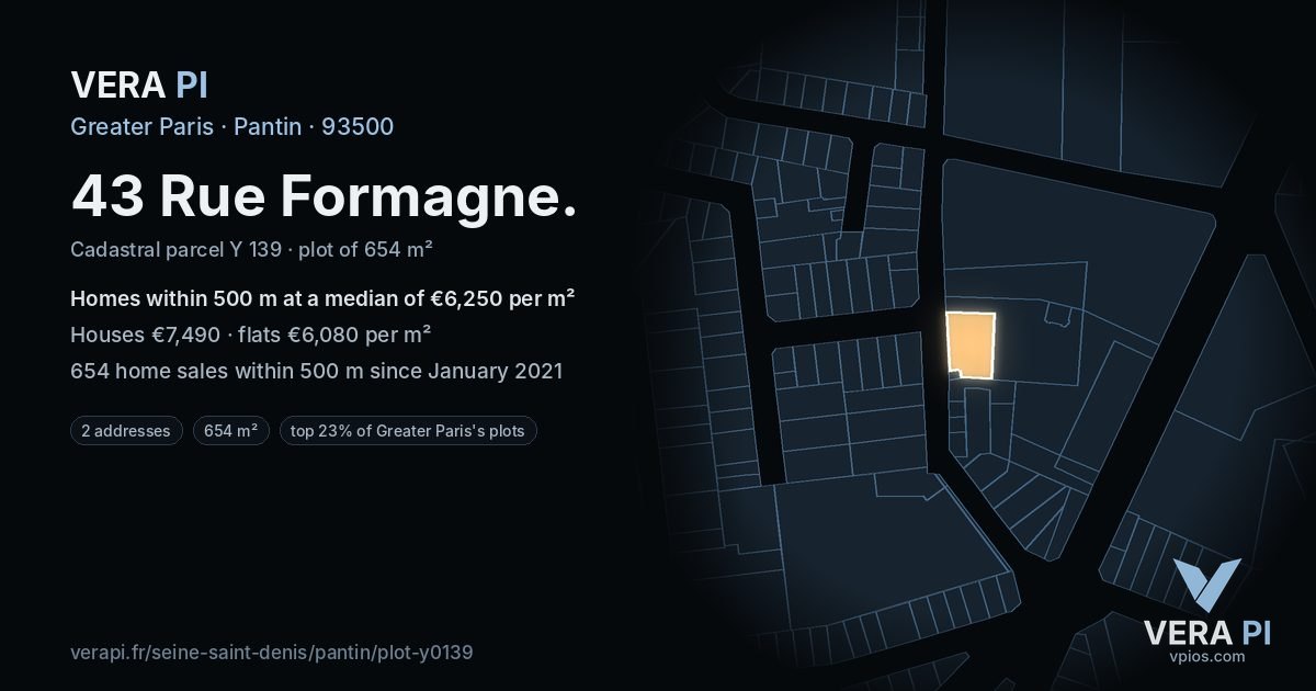 43 Rue Formagne, Pantin at night – the plot lit, the parcels around coloured by the prices near them