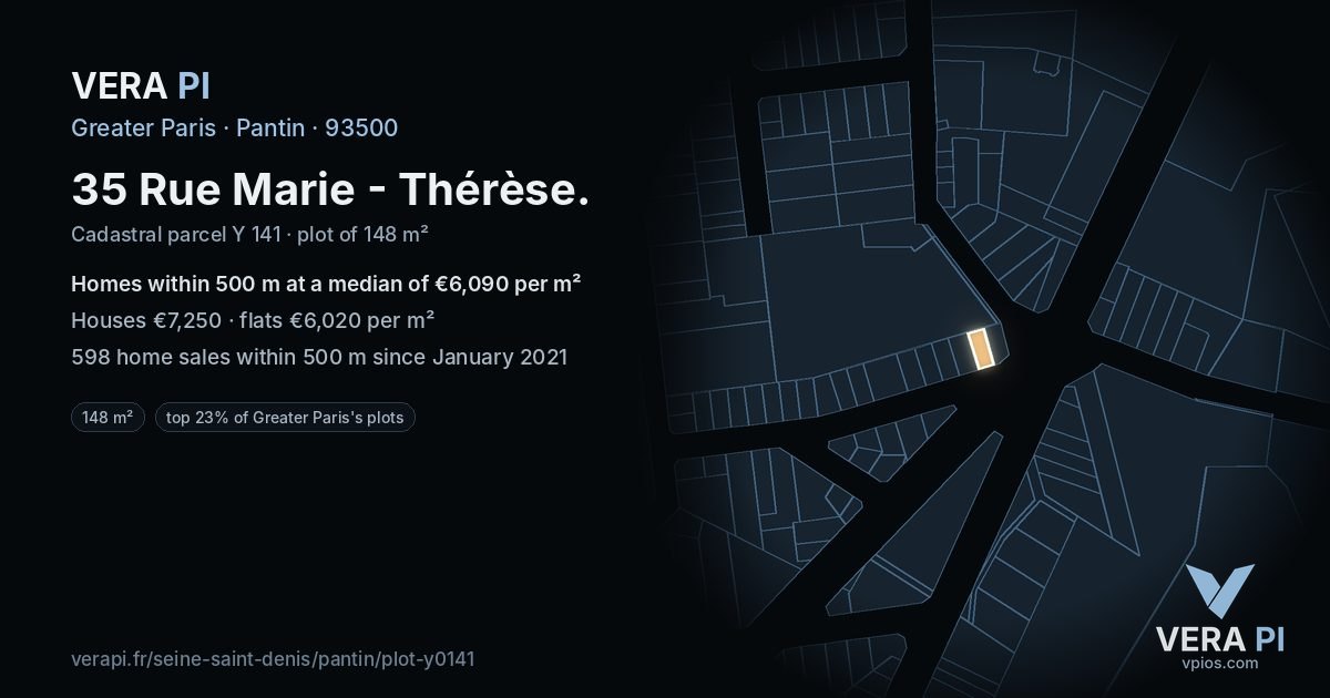 35 Rue Marie - Thérèse, Pantin at night – the plot lit, the parcels around coloured by the prices near them
