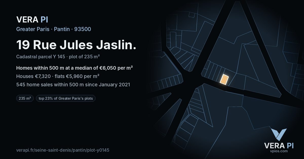 19 Rue Jules Jaslin, Pantin at night – the plot lit, the parcels around coloured by the prices near them