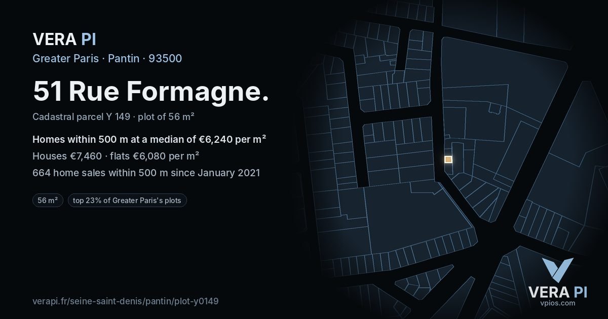 51 Rue Formagne, Pantin at night – the plot lit, the parcels around coloured by the prices near them