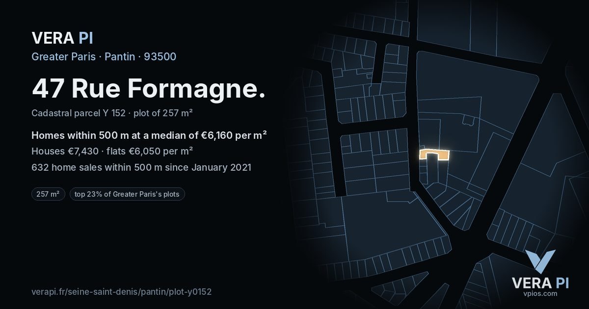 47 Rue Formagne, Pantin at night – the plot lit, the parcels around coloured by the prices near them