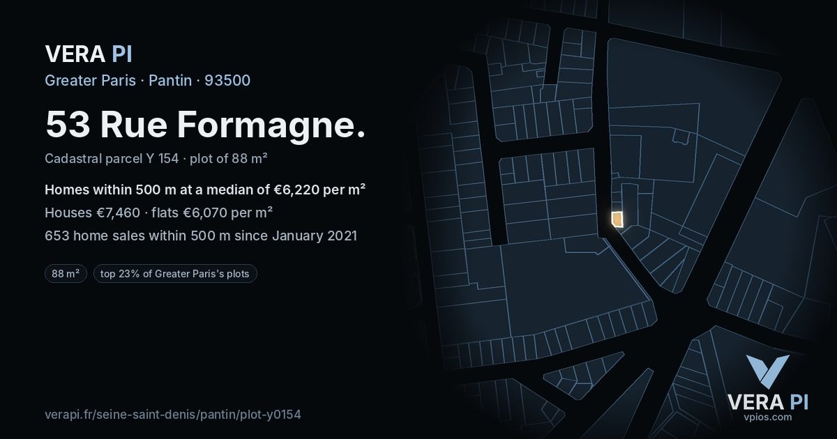 53 Rue Formagne, Pantin at night – the plot lit, the parcels around coloured by the prices near them