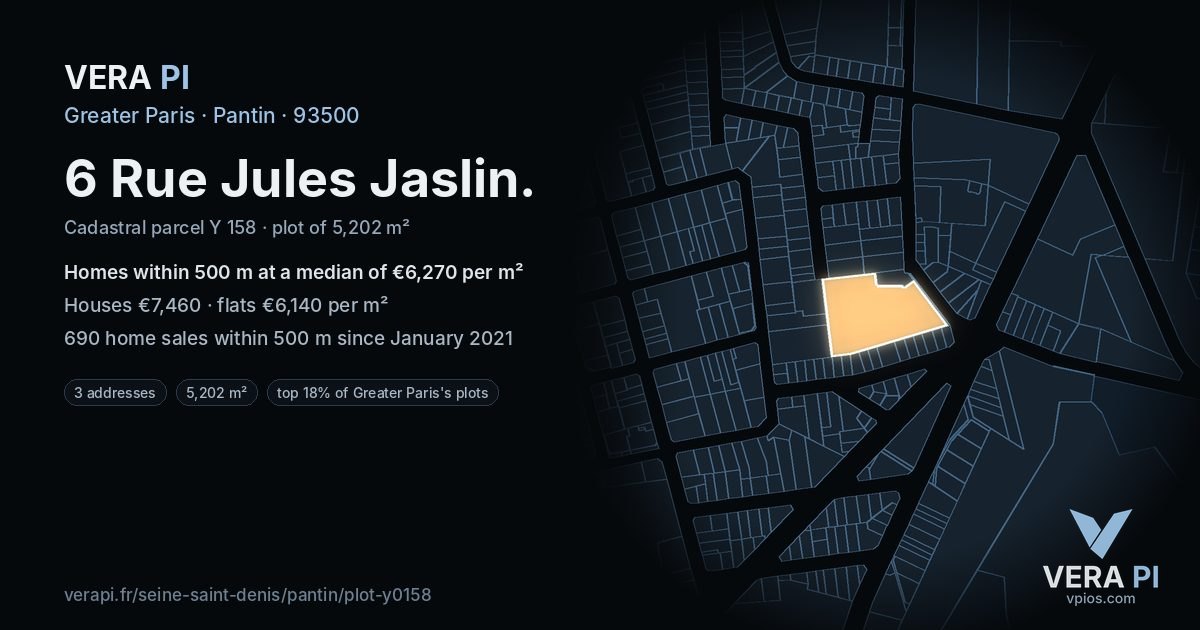 6 Rue Jules Jaslin, Pantin at night – the plot lit, the parcels around coloured by the prices near them