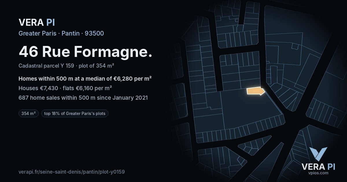 46 Rue Formagne, Pantin at night – the plot lit, the parcels around coloured by the prices near them