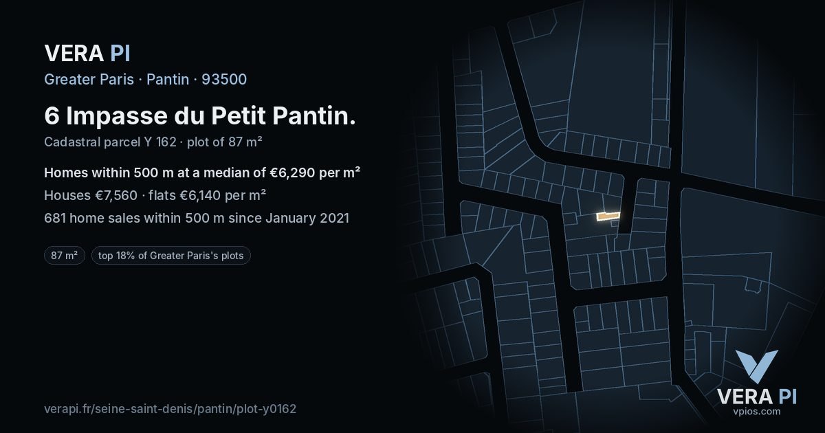 6 Impasse du Petit Pantin, Pantin at night – the plot lit, the parcels around coloured by the prices near them