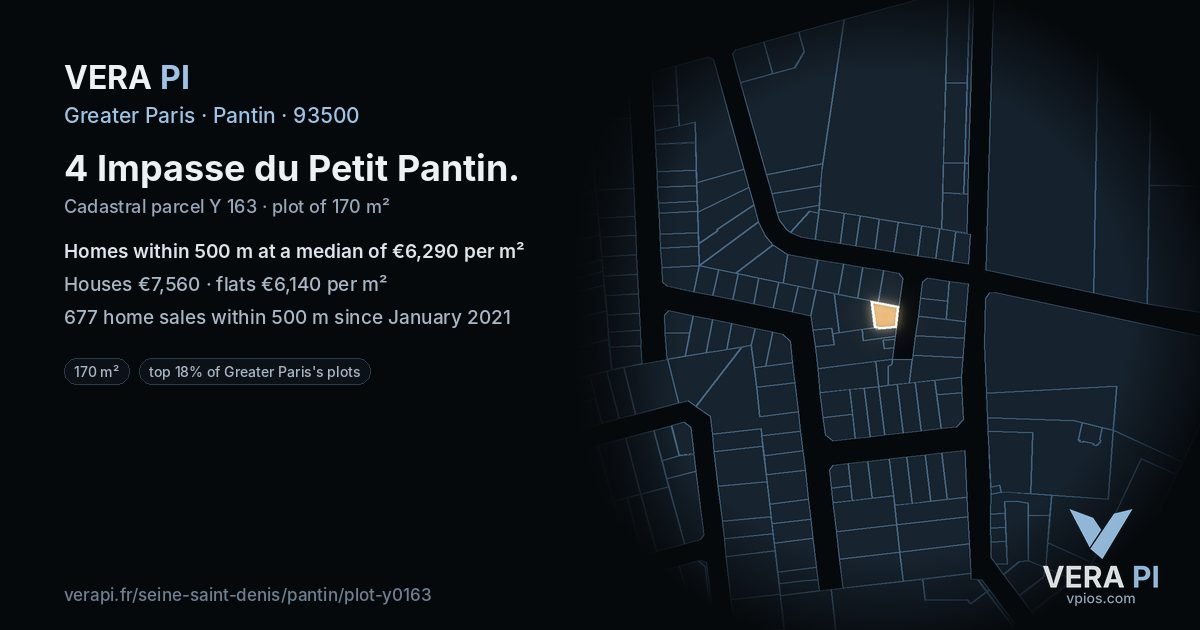 4 Impasse du Petit Pantin, Pantin at night – the plot lit, the parcels around coloured by the prices near them
