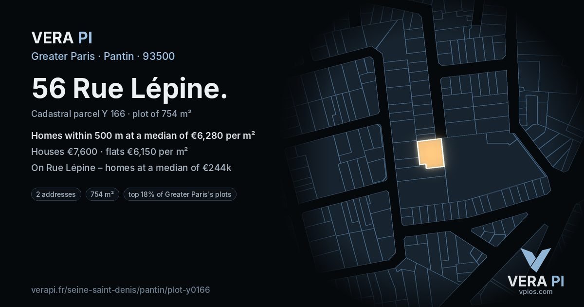 56 Rue Lépine, Pantin at night – the plot lit, the parcels around coloured by the prices near them