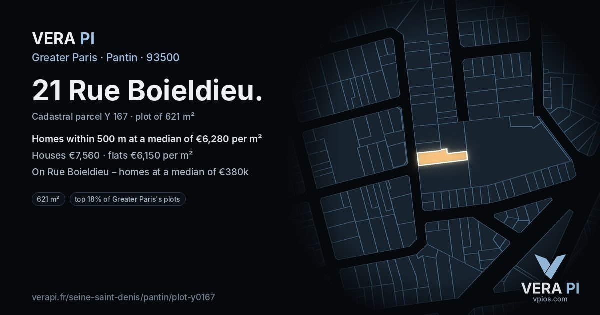 21 Rue Boieldieu, Pantin at night – the plot lit, the parcels around coloured by the prices near them