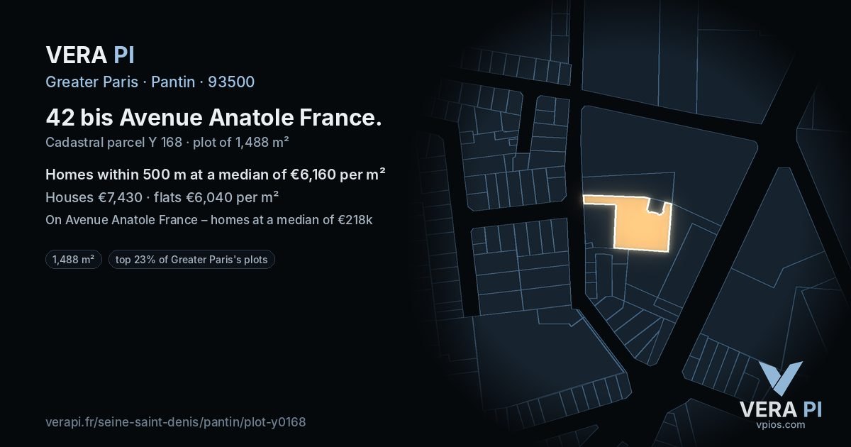 42 bis Avenue Anatole France, Pantin at night – the plot lit, the parcels around coloured by the prices near them