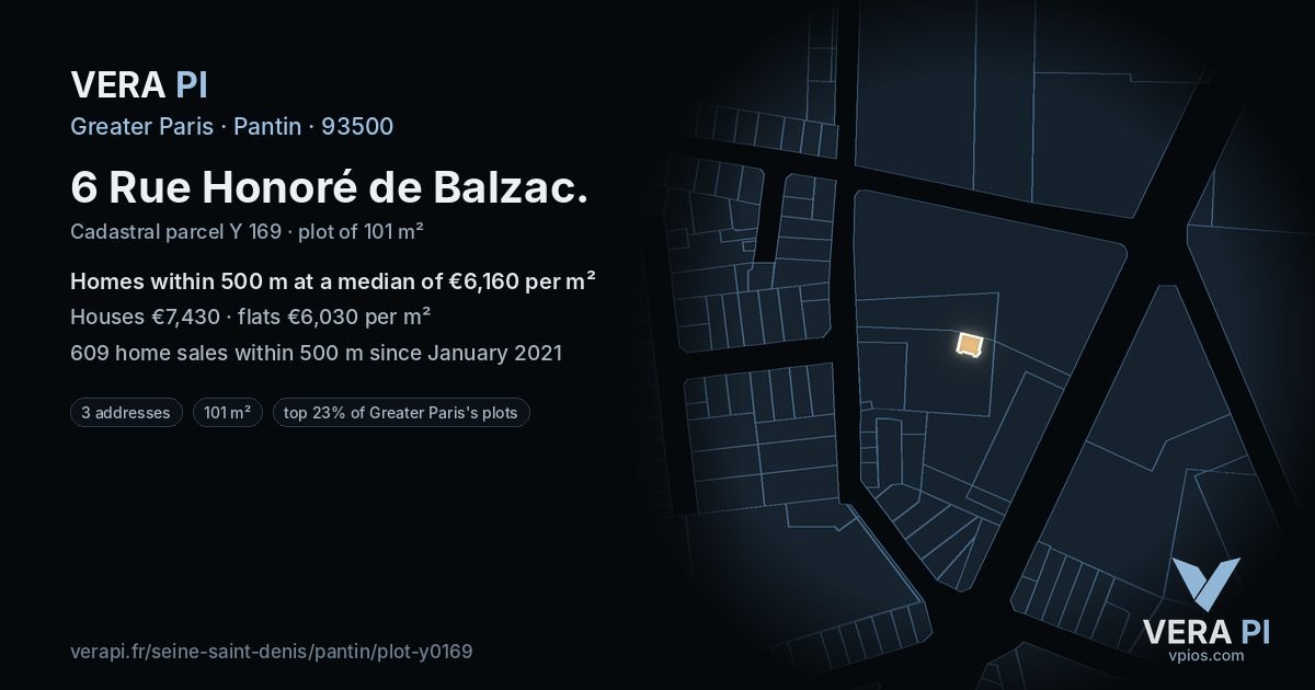 6 Rue Honoré de Balzac, Pantin at night – the plot lit, the parcels around coloured by the prices near them