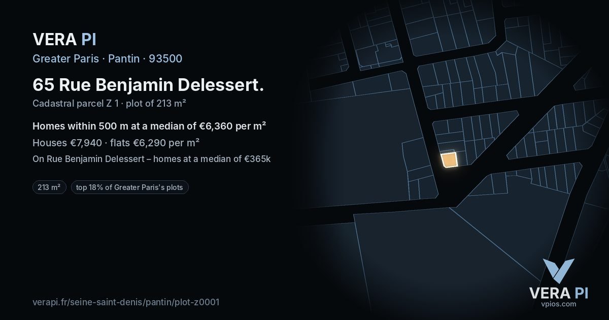 65 Rue Benjamin Delessert, Pantin at night – the plot lit, the parcels around coloured by the prices near them