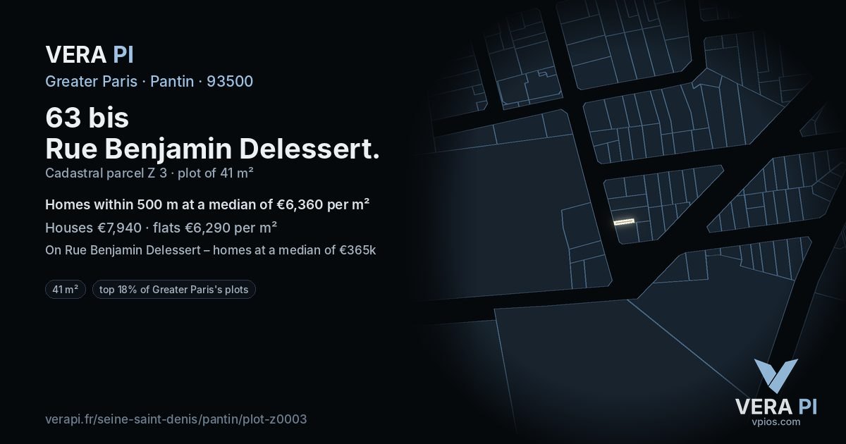 63 bis Rue Benjamin Delessert, Pantin at night – the plot lit, the parcels around coloured by the prices near them