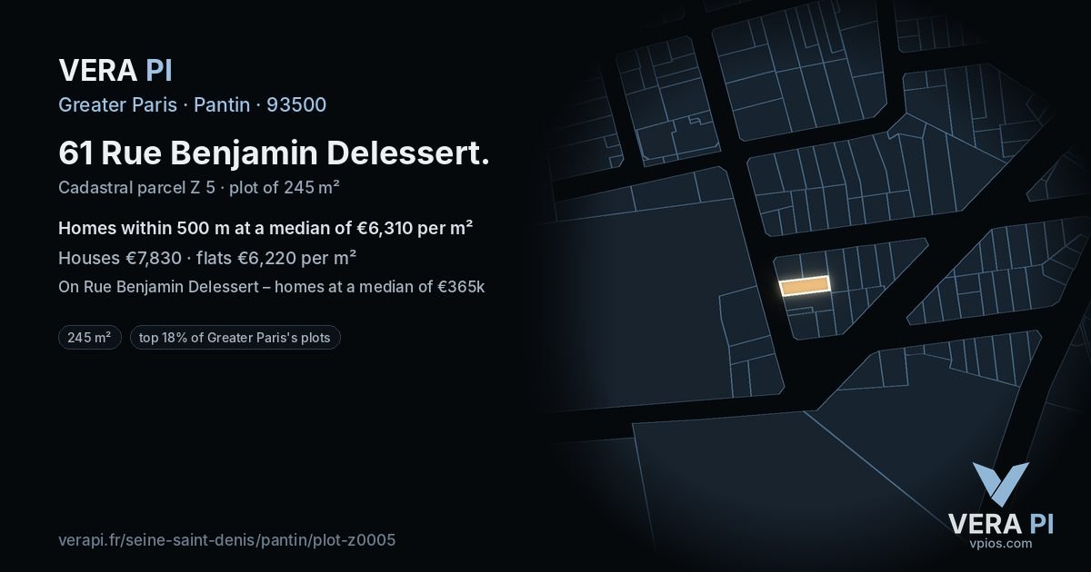 61 Rue Benjamin Delessert, Pantin at night – the plot lit, the parcels around coloured by the prices near them