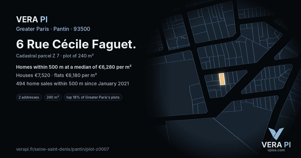 6 Rue Cécile Faguet, Pantin at night – the plot lit, the parcels around coloured by the prices near them