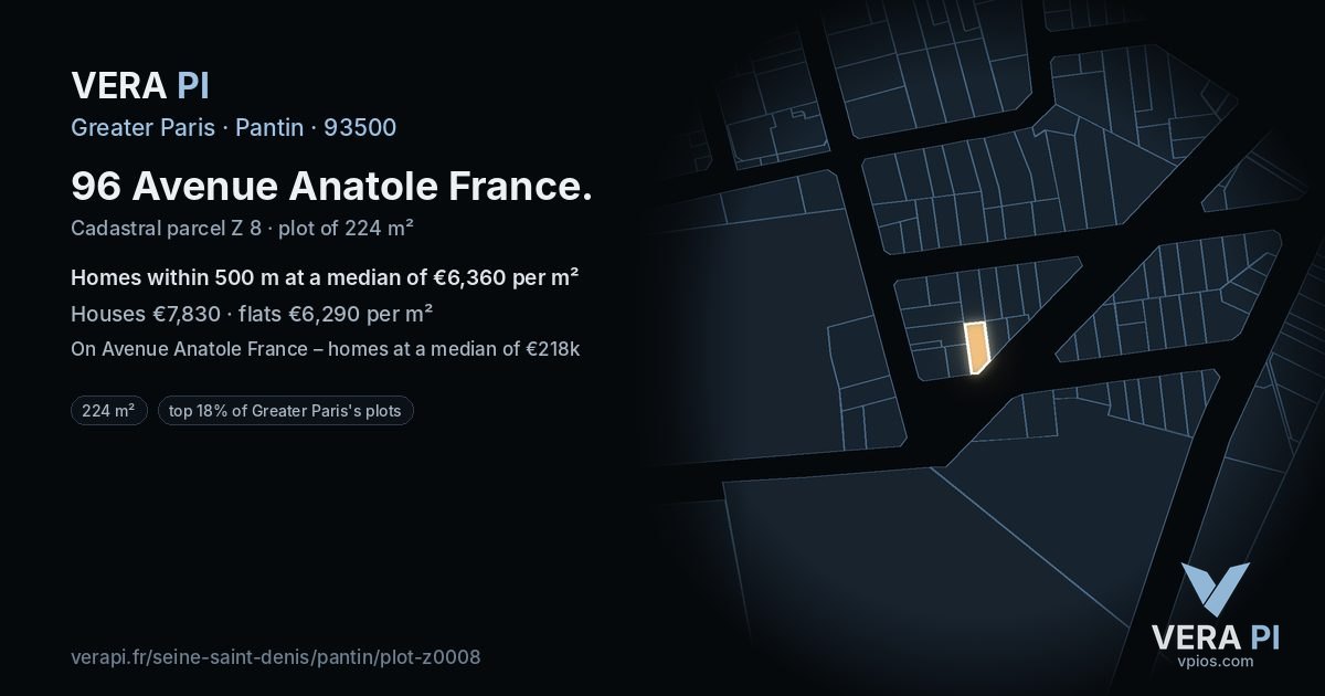96 Avenue Anatole France, Pantin at night – the plot lit, the parcels around coloured by the prices near them