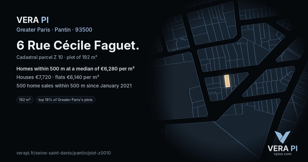 6 Rue Cécile Faguet, Pantin at night – the plot lit, the parcels around coloured by the prices near them