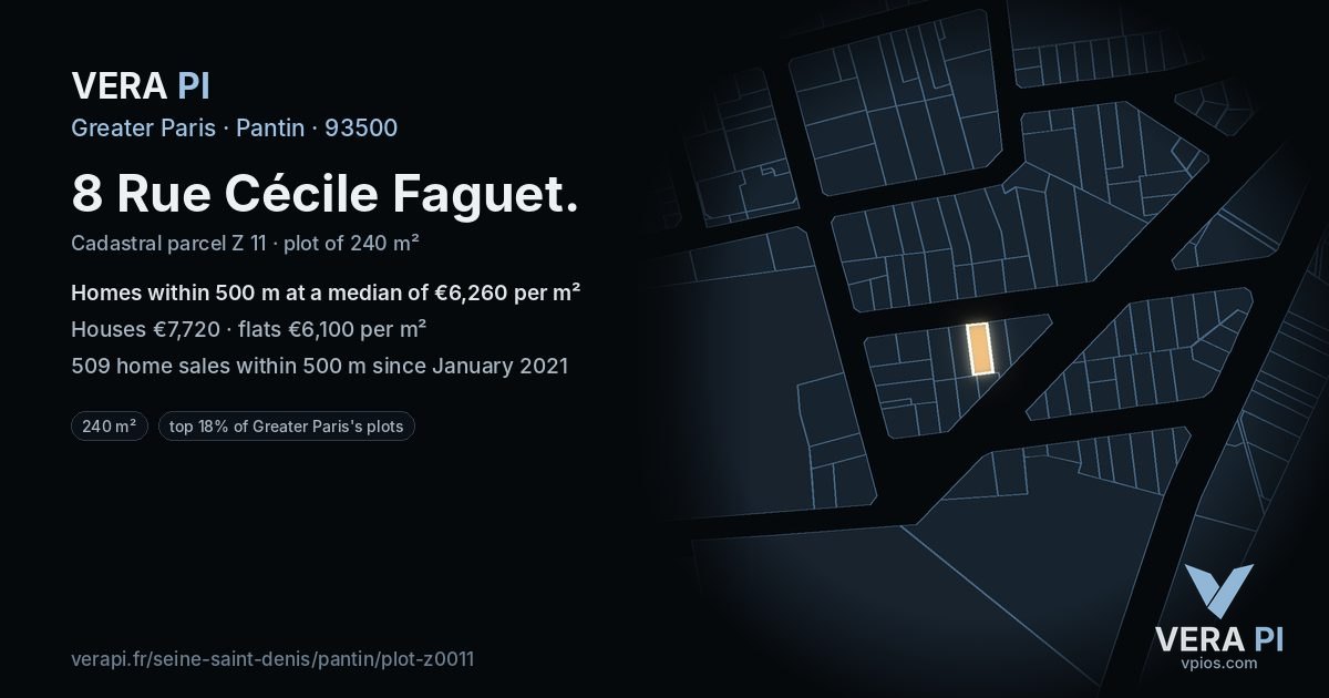 8 Rue Cécile Faguet, Pantin at night – the plot lit, the parcels around coloured by the prices near them