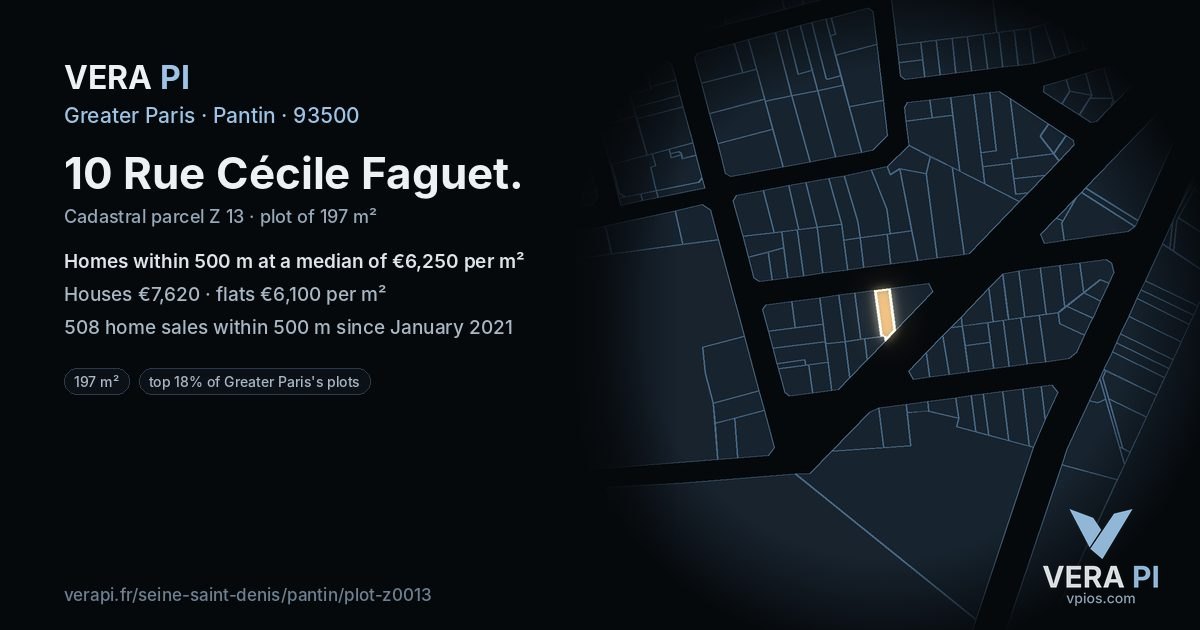 10 Rue Cécile Faguet, Pantin at night – the plot lit, the parcels around coloured by the prices near them