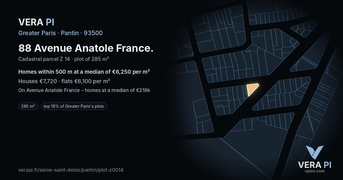 88 Avenue Anatole France, Pantin at night – the plot lit, the parcels around coloured by the prices near them