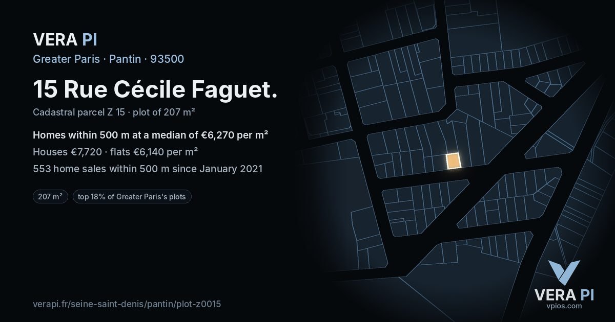 15 Rue Cécile Faguet, Pantin at night – the plot lit, the parcels around coloured by the prices near them