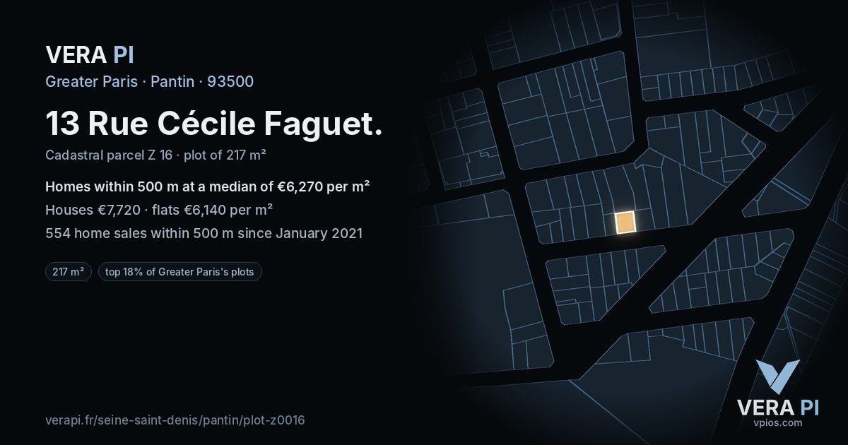 13 Rue Cécile Faguet, Pantin at night – the plot lit, the parcels around coloured by the prices near them