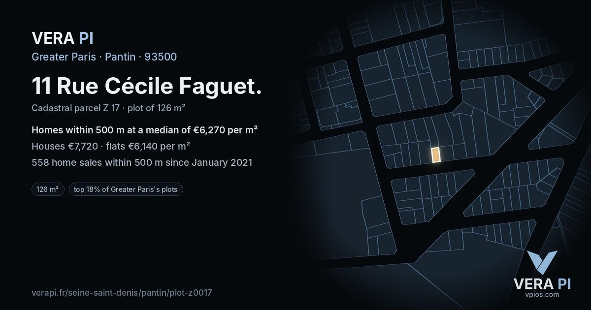 11 Rue Cécile Faguet, Pantin at night – the plot lit, the parcels around coloured by the prices near them