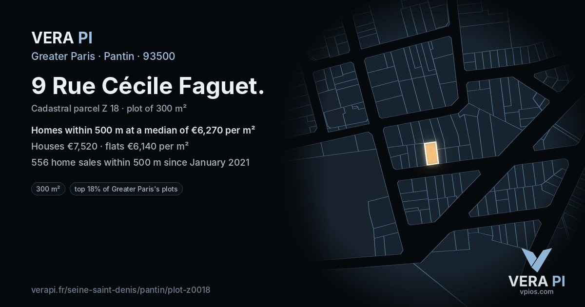 9 Rue Cécile Faguet, Pantin at night – the plot lit, the parcels around coloured by the prices near them