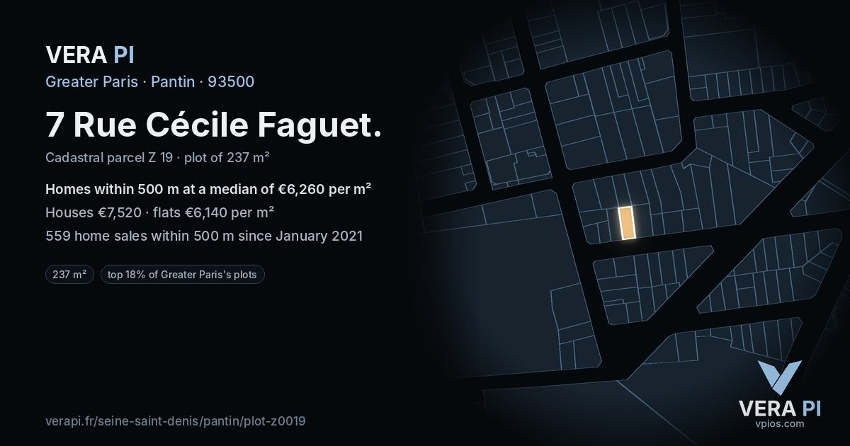 7 Rue Cécile Faguet, Pantin at night – the plot lit, the parcels around coloured by the prices near them