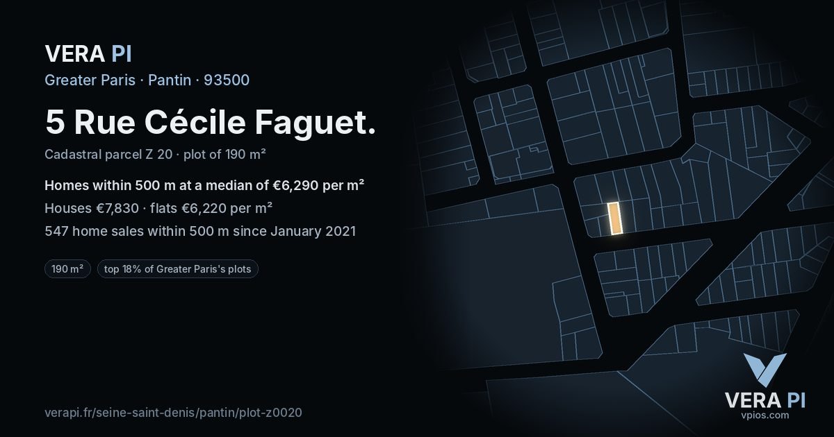 5 Rue Cécile Faguet, Pantin at night – the plot lit, the parcels around coloured by the prices near them