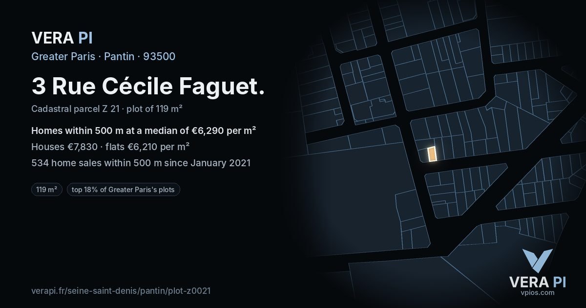 3 Rue Cécile Faguet, Pantin at night – the plot lit, the parcels around coloured by the prices near them