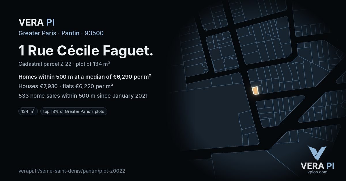 1 Rue Cécile Faguet, Pantin at night – the plot lit, the parcels around coloured by the prices near them