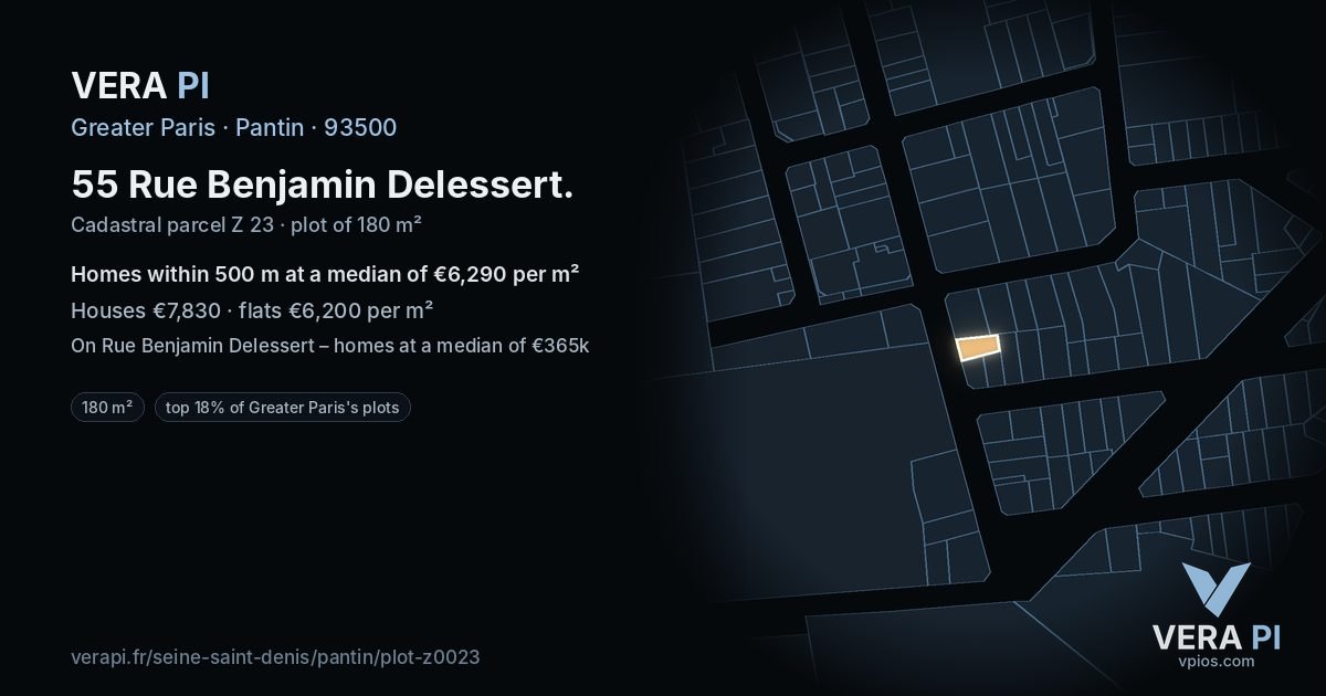 55 Rue Benjamin Delessert, Pantin at night – the plot lit, the parcels around coloured by the prices near them