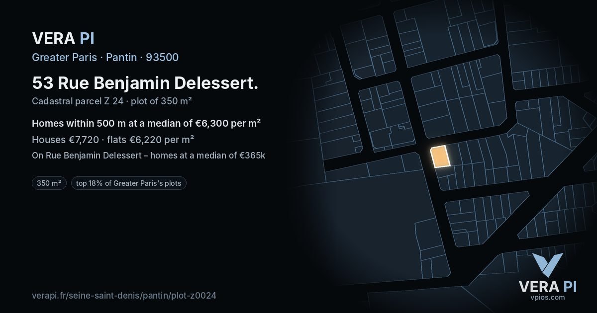 53 Rue Benjamin Delessert, Pantin at night – the plot lit, the parcels around coloured by the prices near them