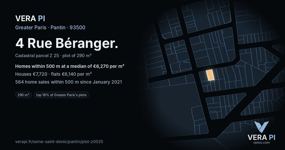 4 Rue Béranger, Pantin at night – the plot lit, the parcels around coloured by the prices near them