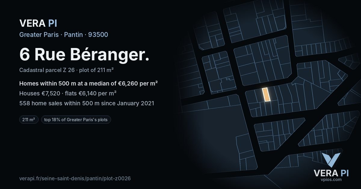 6 Rue Béranger, Pantin at night – the plot lit, the parcels around coloured by the prices near them